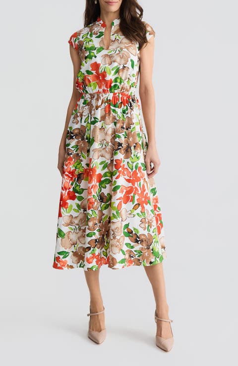 Floral Print Cap Sleeve Midi Dress
