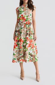 KASPER Floral Print Cap Sleeve Midi Dress