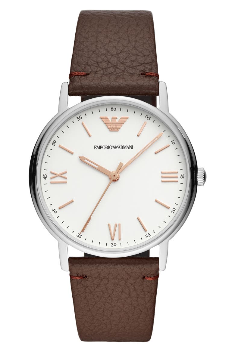 Three-Hand Leather Strap Watch, 41mm, Main, color, SILVER