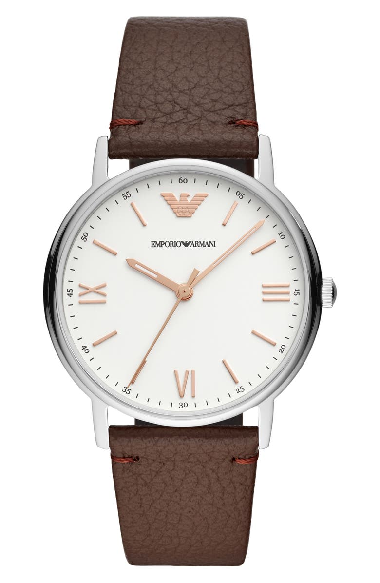 Emporio Armani Three-Hand Leather Strap Watch, 41mm, Main, color, Silver
