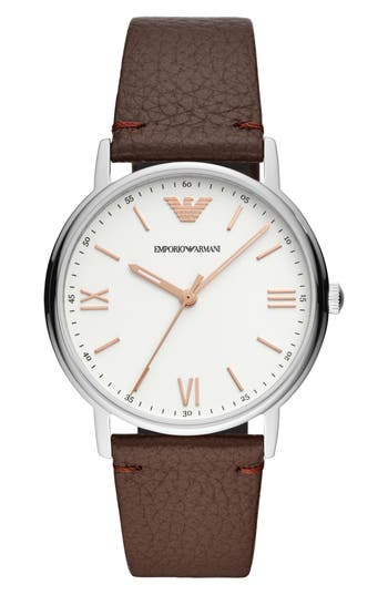 Emporio Armani Three-hand Leather Strap Watch, 41mm In Silver
