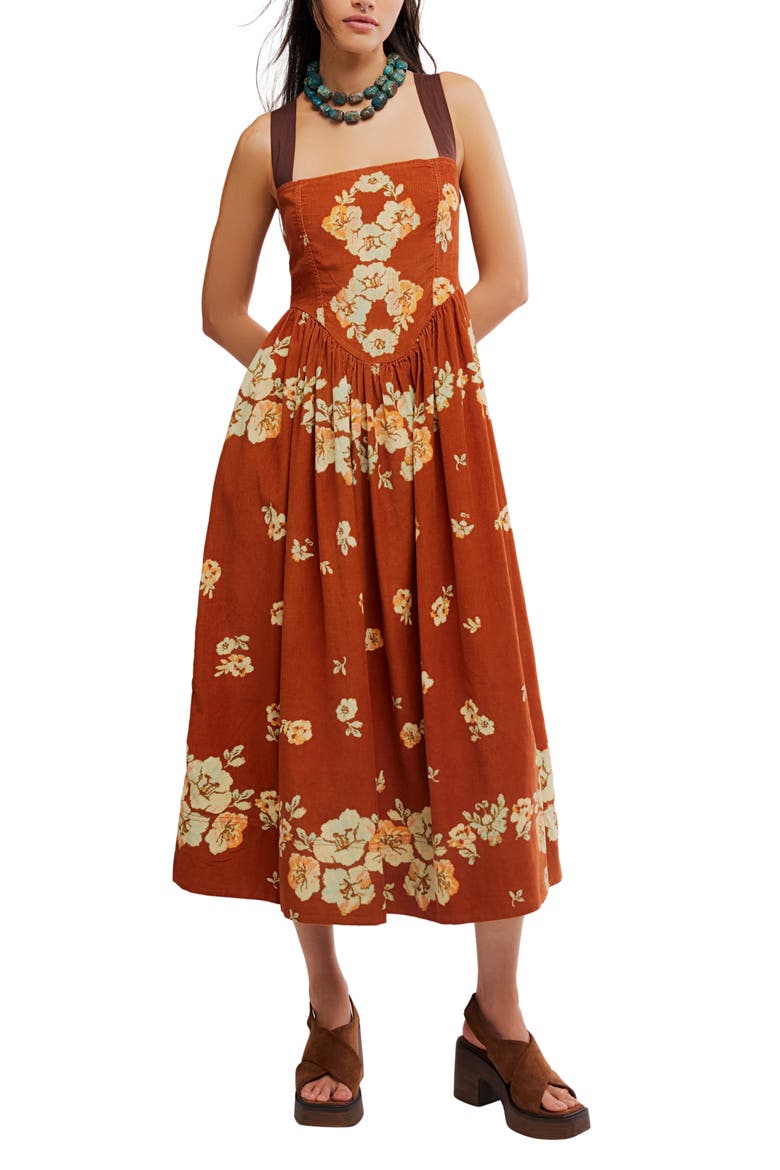 Until Dawn Floral Midi Sundress, Main, color, CINNAMON COMBO