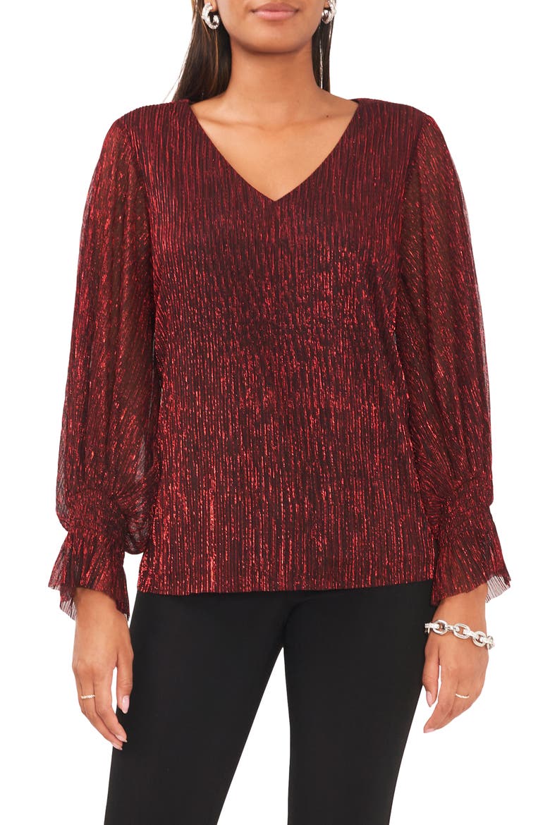 Smocked Cuff Metallic Top, Main, color, RED