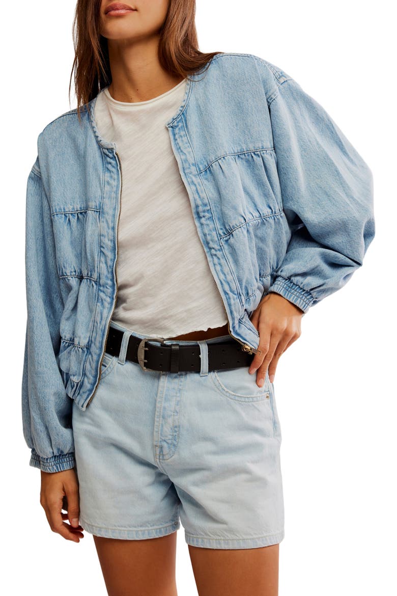 Layla Smocked Crop Denim Jacket, Main, color, SUNBEAM