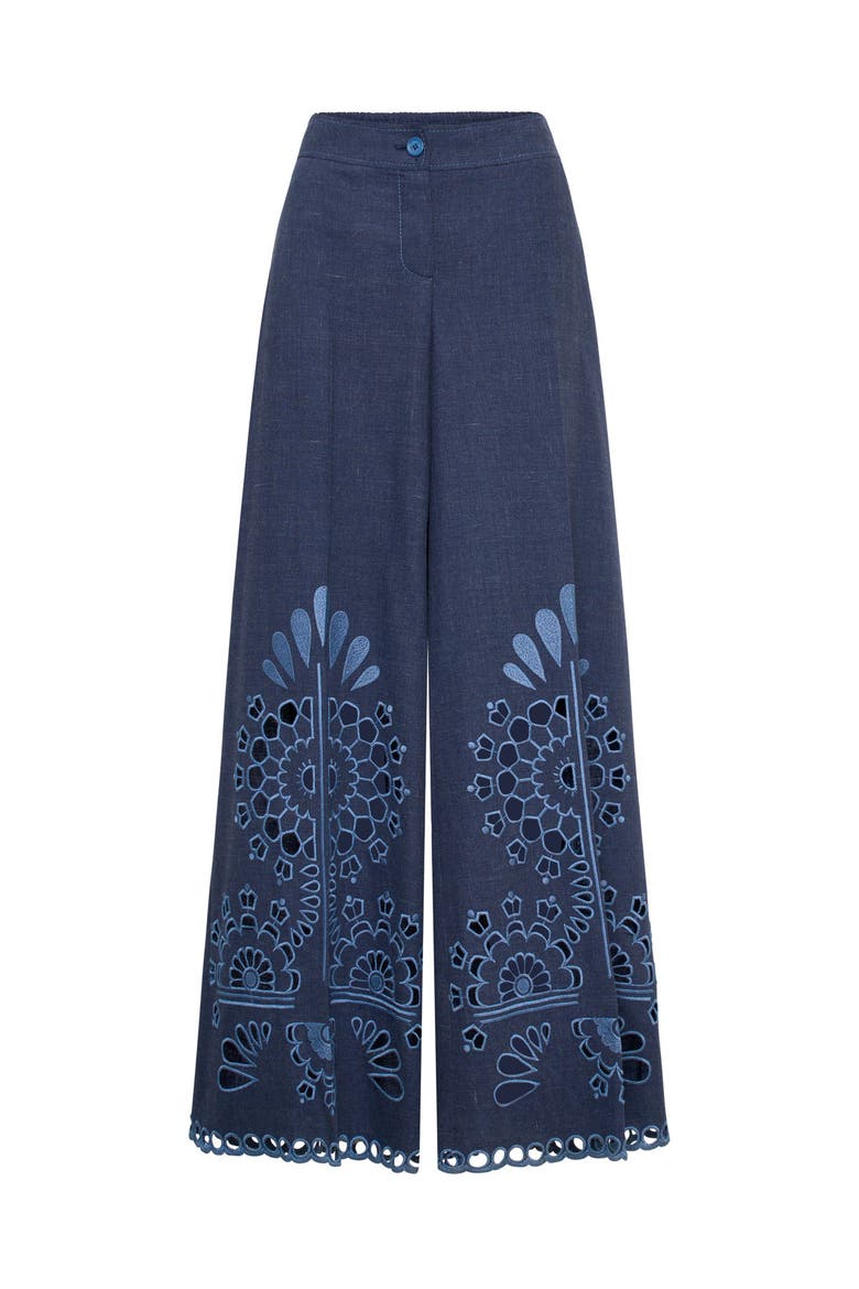 Embroidered Cotton Flannel Trousers, Main, color, Jeansblue