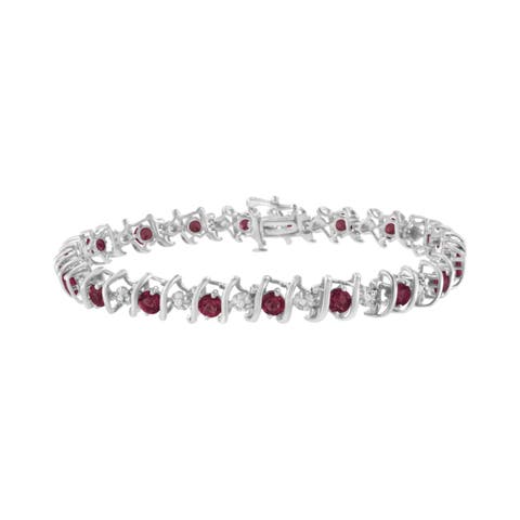 .925 Sterling Silver Lab-Grown Birthstone and 1/6 Cttw Diamond Tennis Bracelet