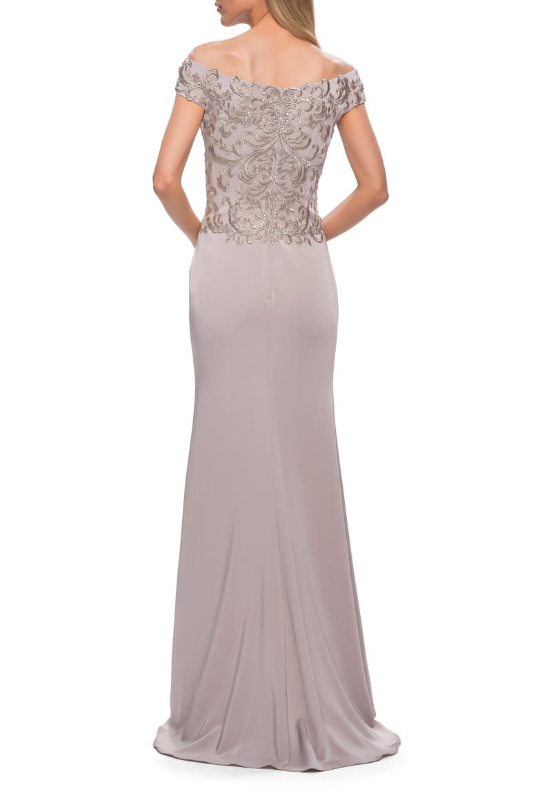 Chic Satin Gown with Lace Off the Shoulder Top, Alternate, color, Light Taupe