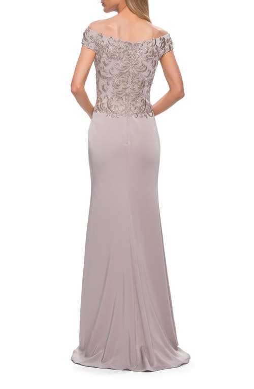 La Femme Lace Off The Shoulder Top Chic Satin Gown In Light Taupe