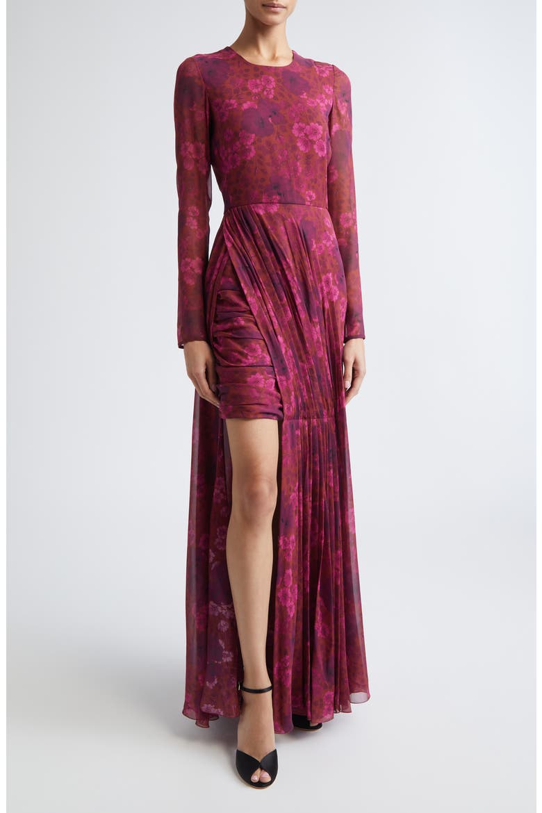 Anemones Draped Long Sleeve Silk Dress, Main, color, BRICK MULTI