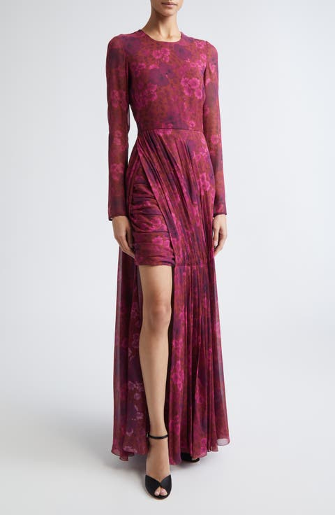 Anemones Draped Long Sleeve Silk Dress
