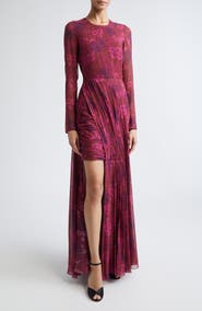 Giambattista Valli Anemones Draped Long Sleeve Silk Dress