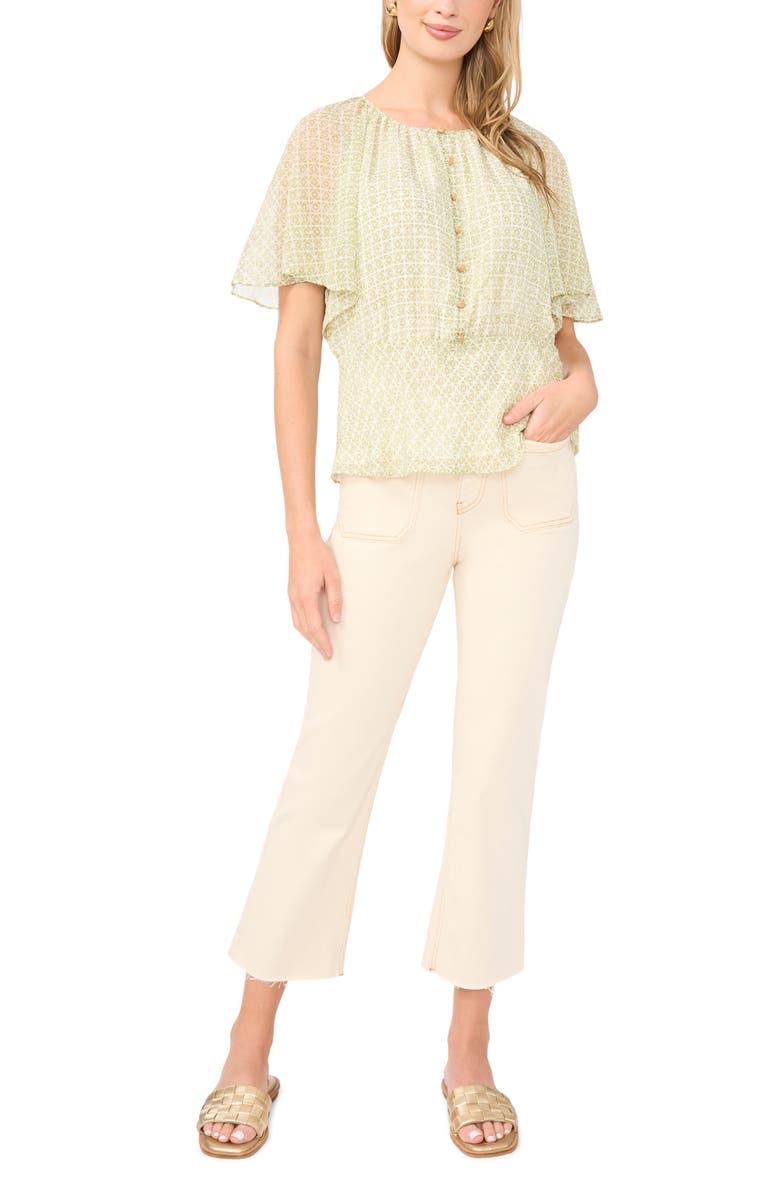 Vince Camuto Geo Print Ruffle Sleeve Top, Alternate, color, Sage