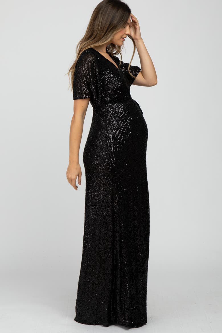 Sequin Short Sleeve Maxi Dress, Alternate, color, Black