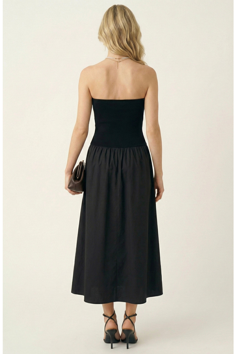 Strapless Smocked Bodice Midi Dress with Flowy Skirt and Pockets, Alternate, color, Black