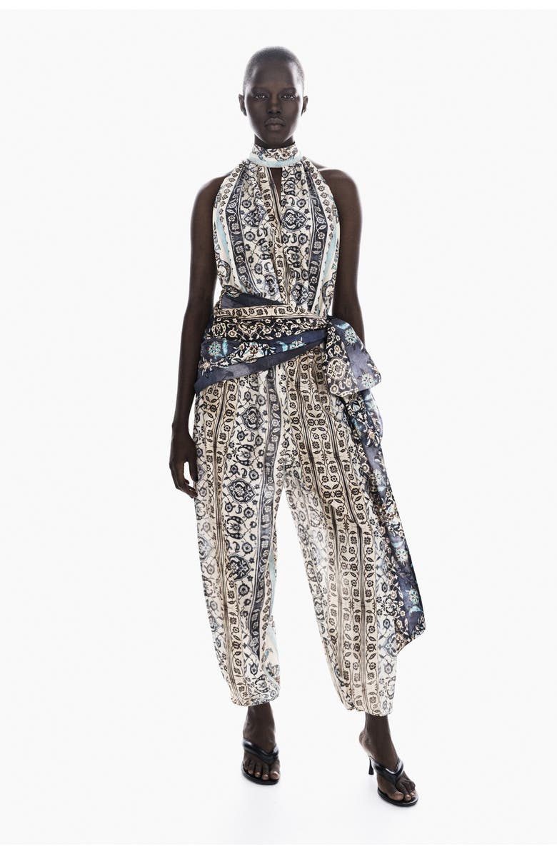 H&M Tie-detail Halterneck Jumpsuit, Alternate, color, Beige/Floral