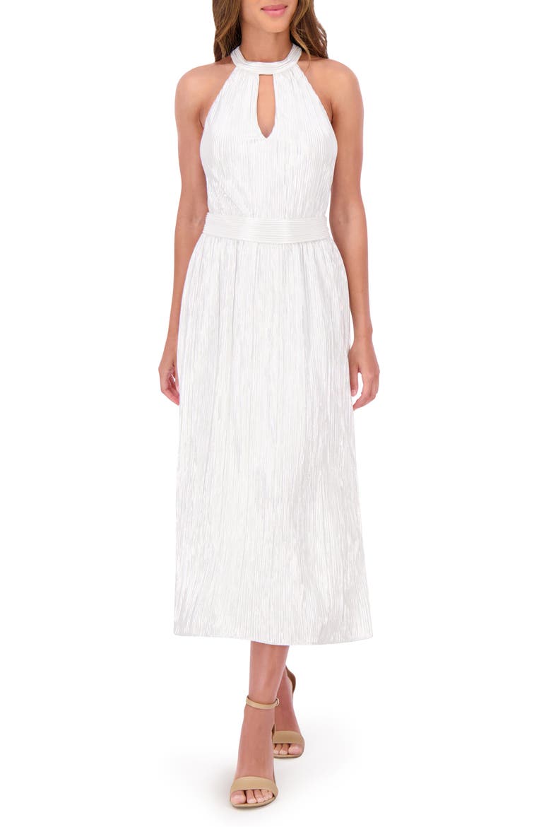 Foil Keyhole Midi Dress, Main, color, SILVER