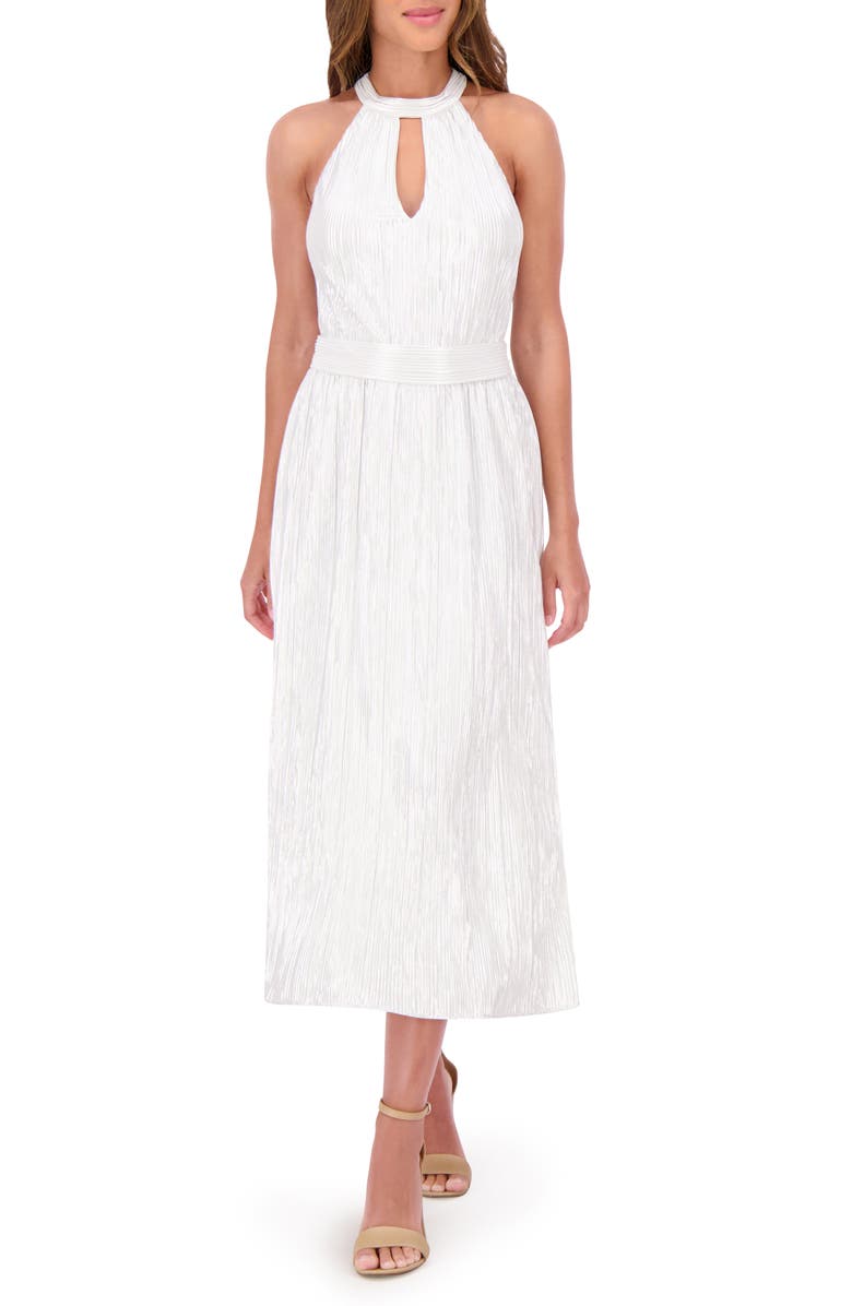 Kensie Foil Keyhole Midi Dress, Main, color, Silver