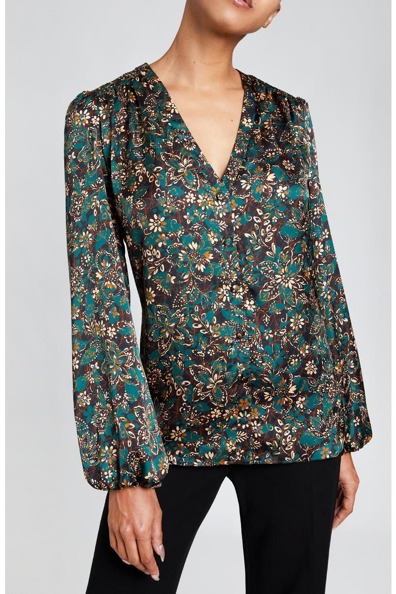 ALEXIA Long Sleeve Buttoned Blouse in Modern Floral Print, Main, color, PINE MULTI