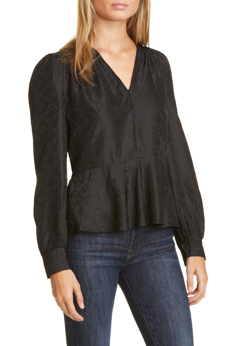 Jacquard Peplum Blouse, Main, color, BLACK