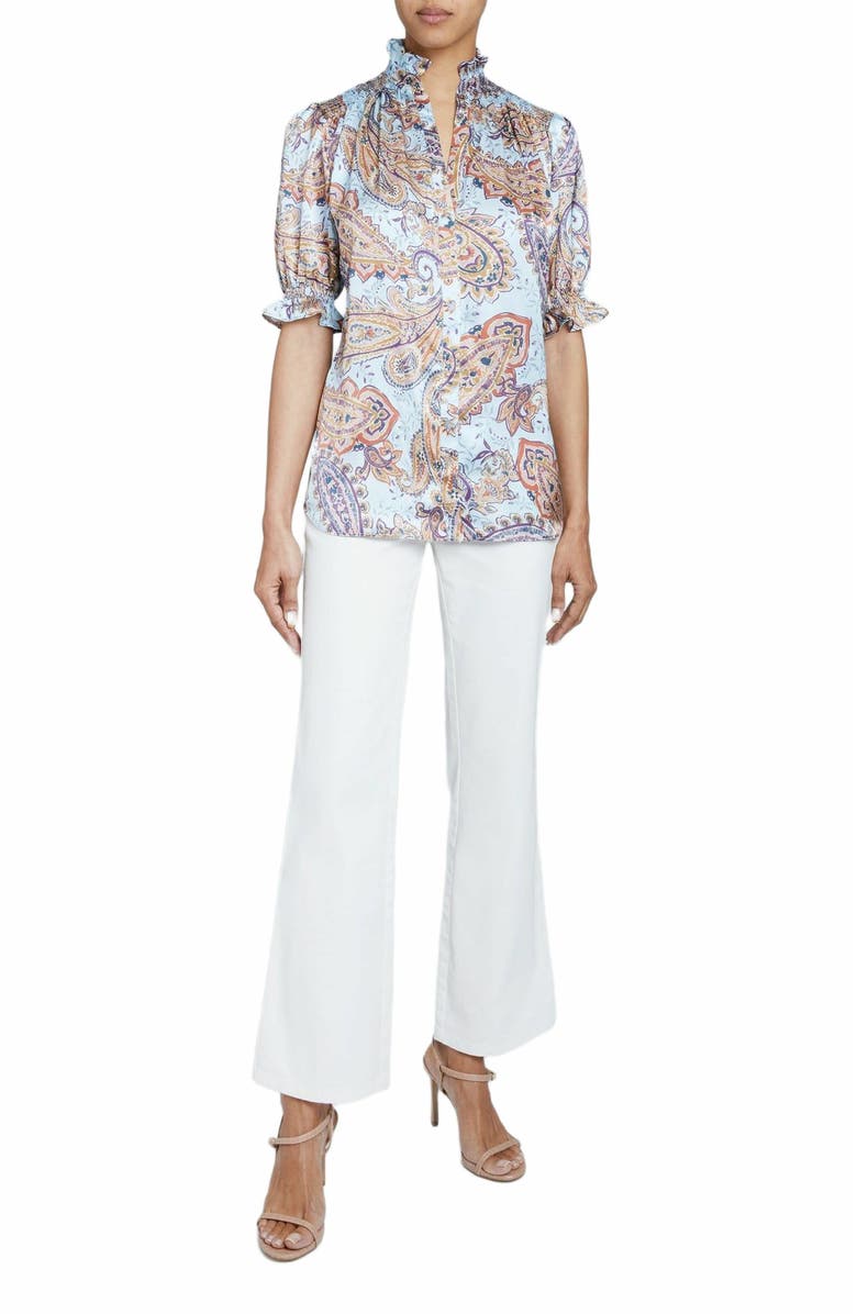 Santorelli ELISA Ruffle Neck Short Sleeve Blouse in Printed Silk Charmeuse, Alternate, color,