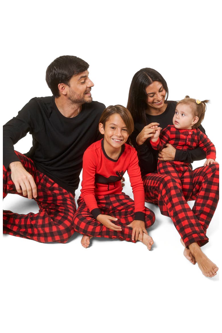 Men's Cotton Top & Fleece Pants Printed Matching Family Holiday Pajama Set, Alternate, color, Plaid Black & Red