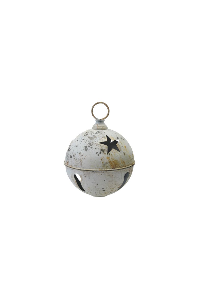 Metal Bell Ornament with Star Cut-Outs in Distressed Finish, White, Main, color, White