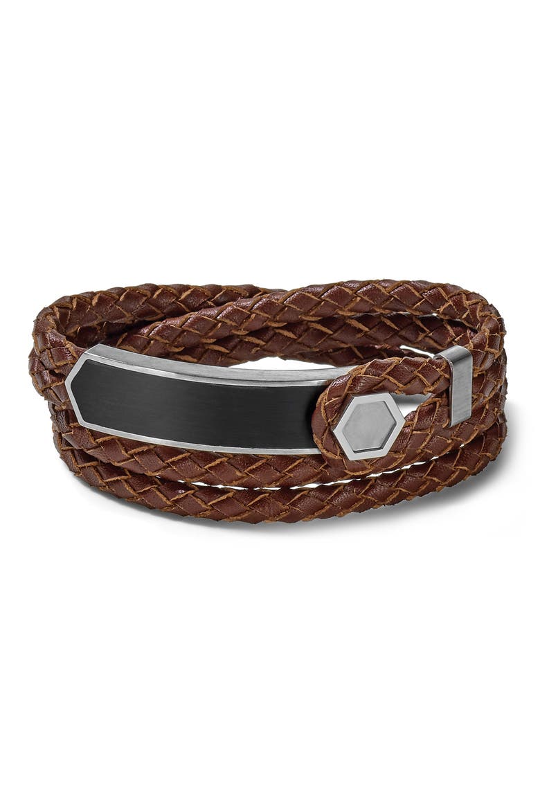Braided Leather & Stainless Steel Wrap Bracelet, Main, color, BROWN