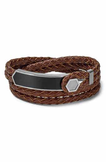 BULOVA Braided Leather & Stainless Steel Wrap Bracelet
