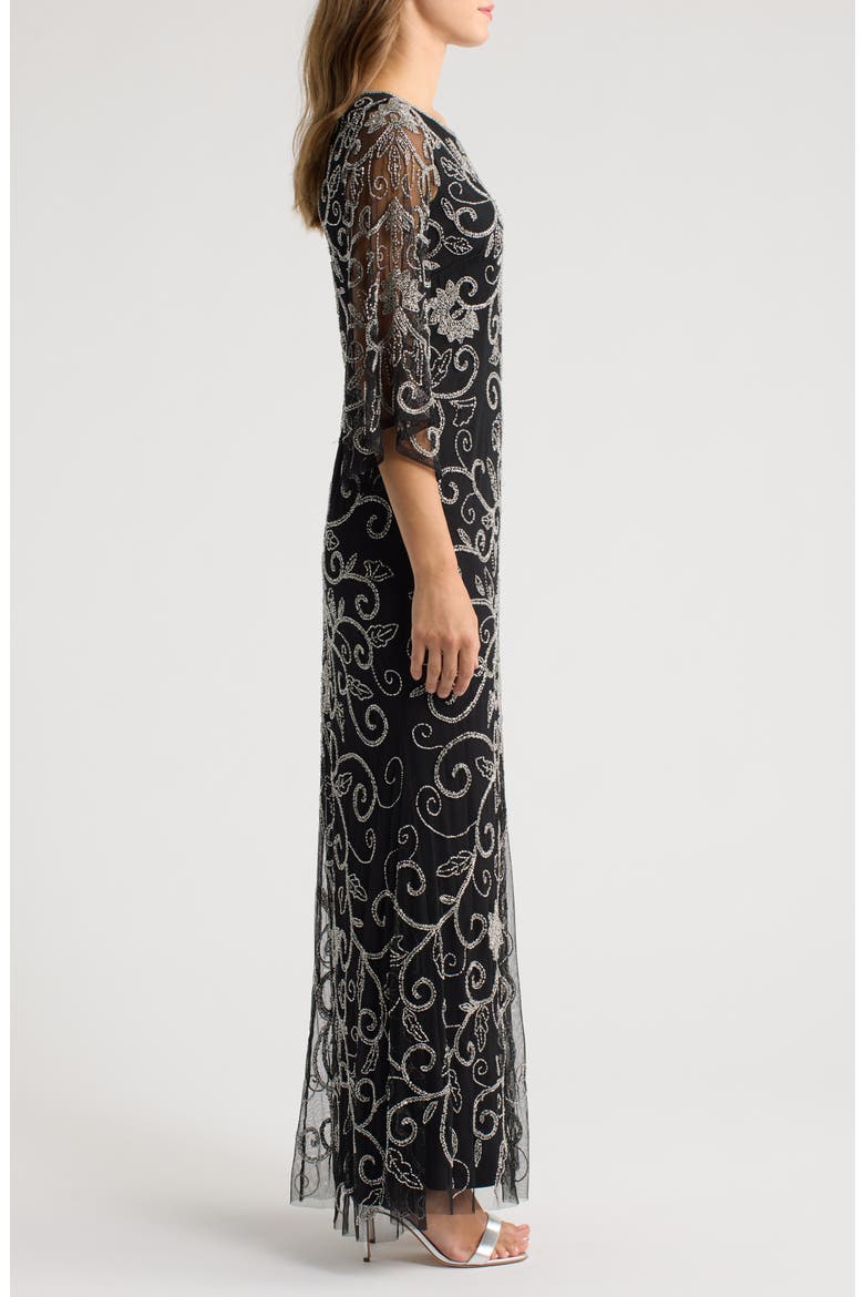 Beaded Three Quarter Sleeve Gown, Alternate, color, BLACK/ SILVER 013
