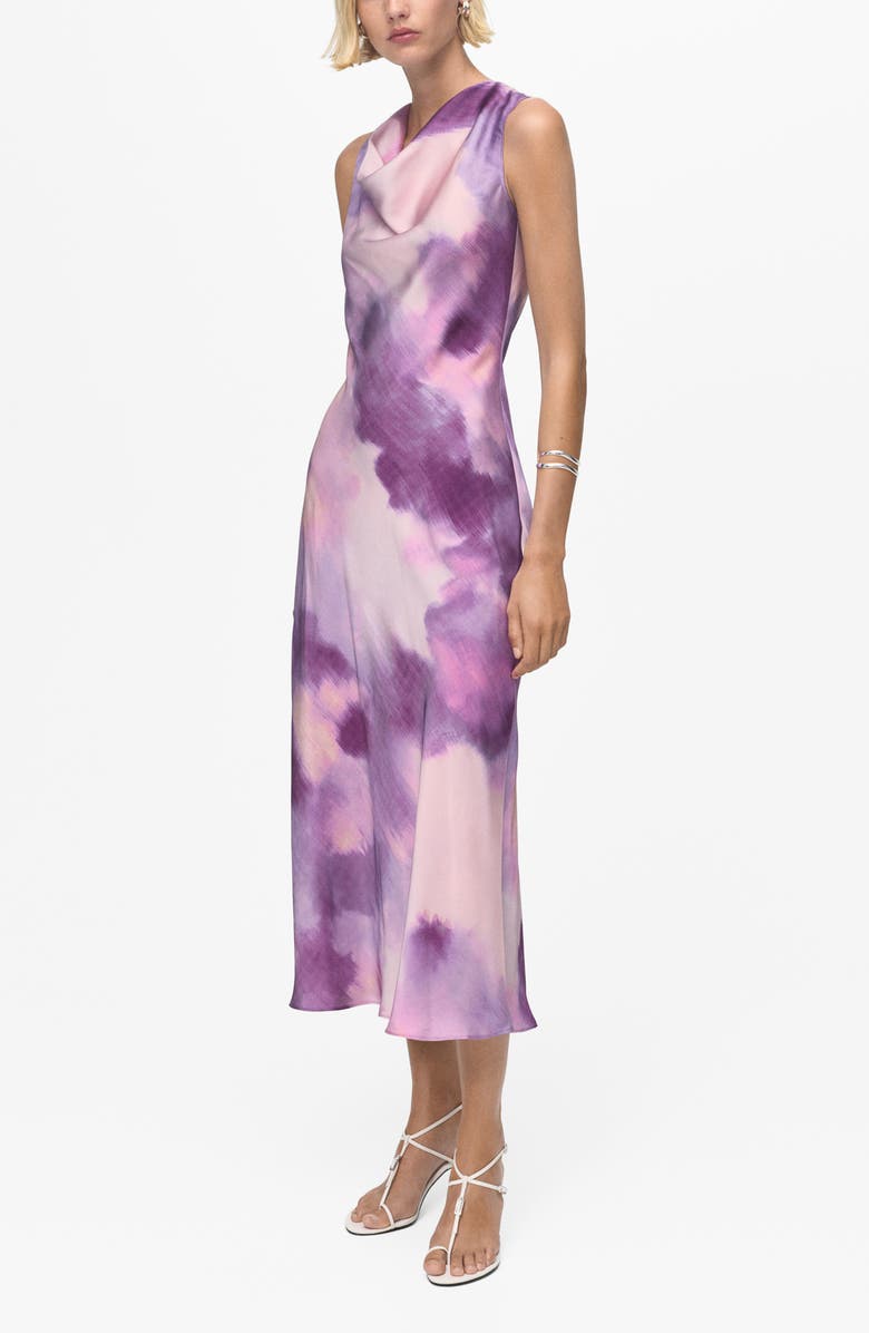 MANGO Tie Dye Cowl Neck Satin Midi Dress, Main, color, Light/ Pastel Purple