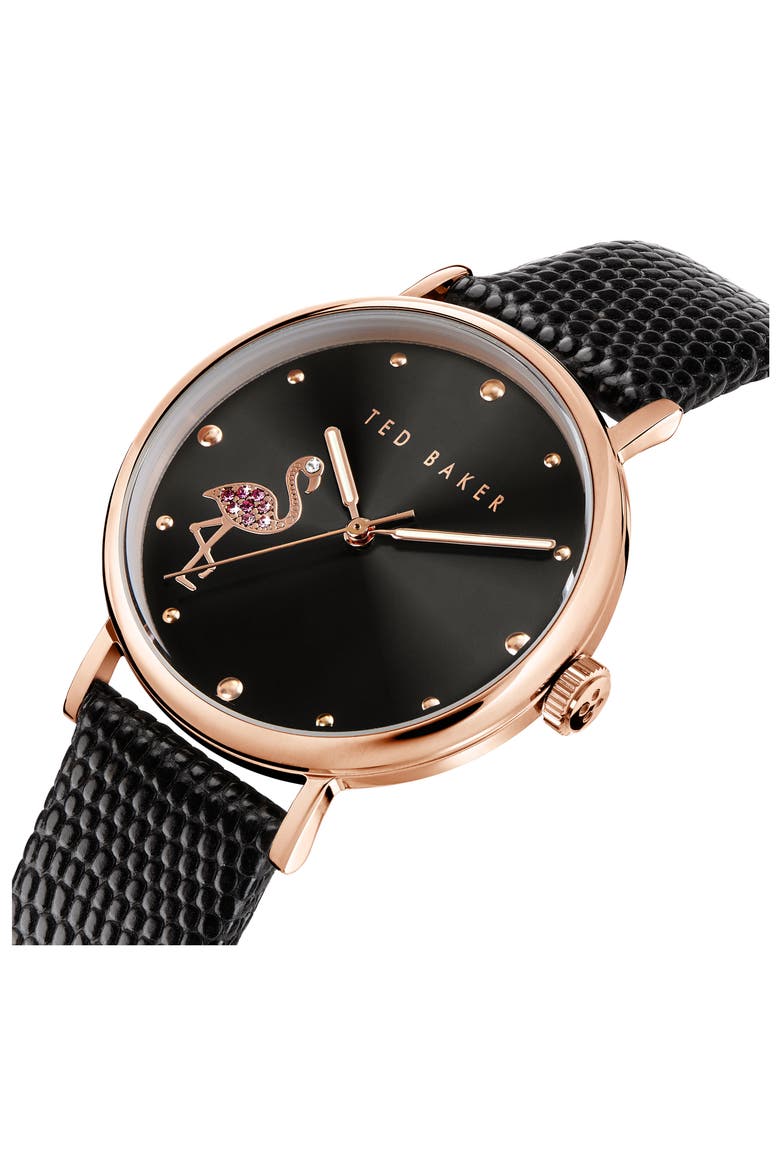 Ted Bake London Phylipa Crystal Flamingo Leather Strap Watch, 37mm, Alternate, color, BLACK