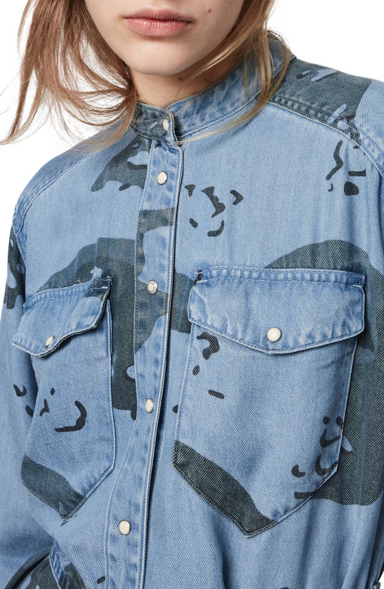 AllSaints Kat Camo Long Sleeve Denim Mini Shirtdress, Alternate, color, 