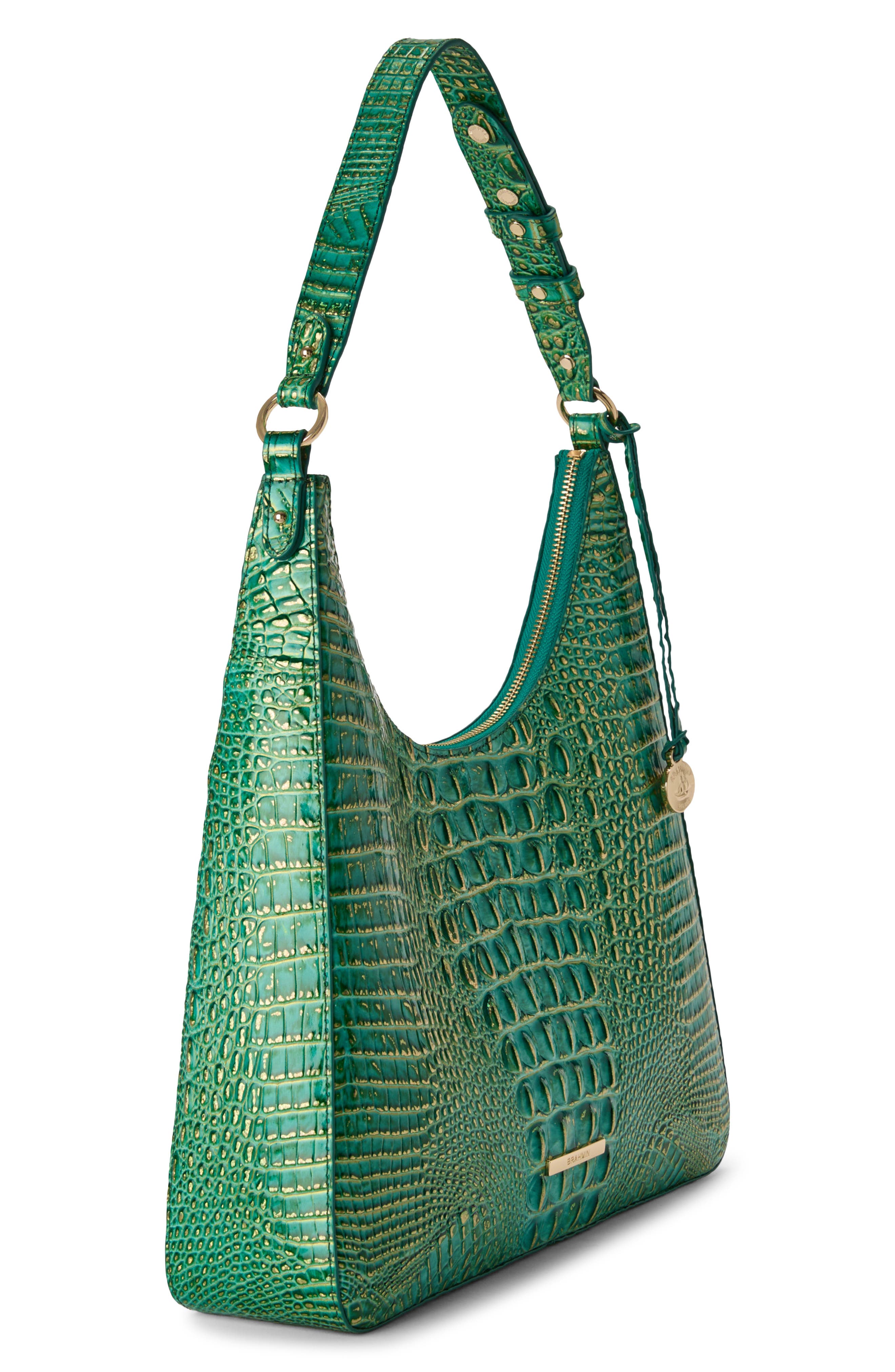 Tabitha Croc Embossed Leather Shoulder Bag, Alternate, color, JUNGLE JEWEL