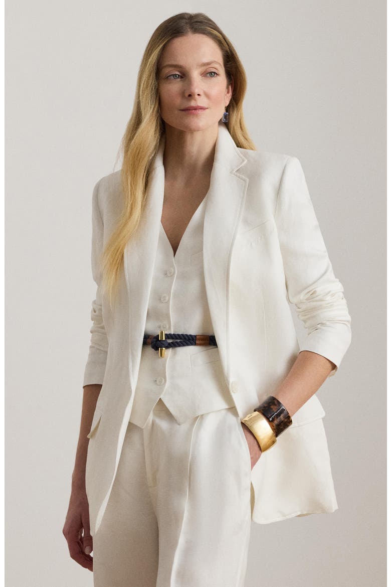 One-Button Linen Blend Blazer, Alternate, color, WHITE