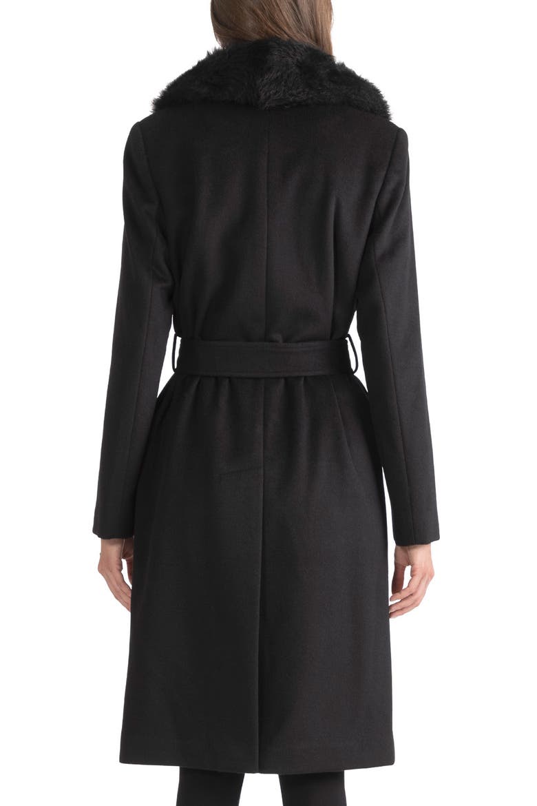Belted Genuine Shearling Trim Coat, Alternate, color, BLACK