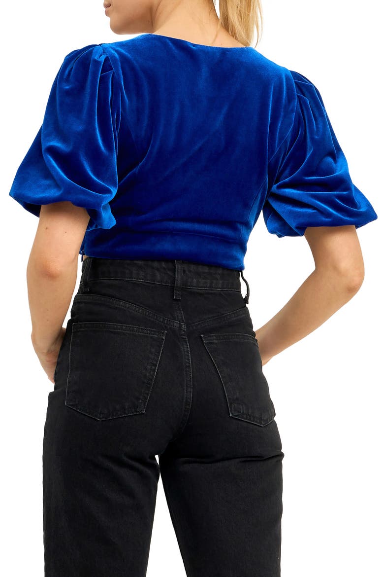 Puff Sleeve Velvet Crop Top, Alternate, color, COBALT BLUE