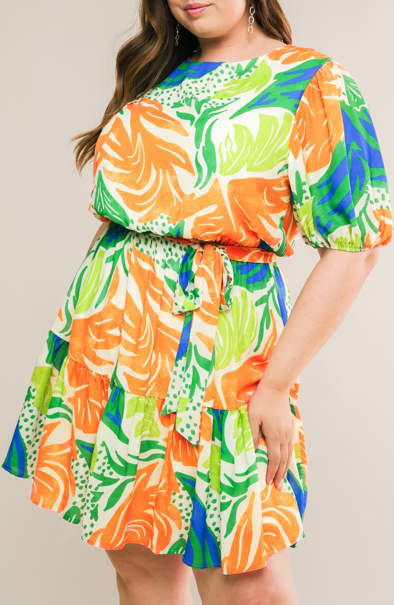 FLYING TOMATO Printed Tie Waist Puff Sleeve Minidress, Alternate, color, Ivory