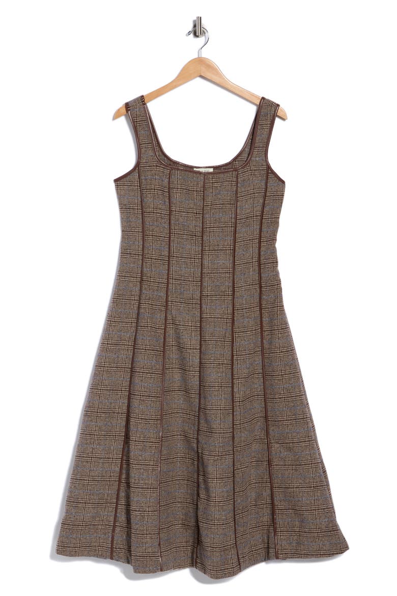Plaid Faux Leather Trim A-Line Midi Dress, Main, color, BROWN