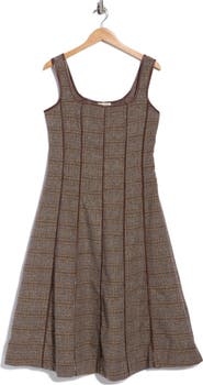 Mila Mae Plaid Faux Leather Trim A-Line Midi Dress