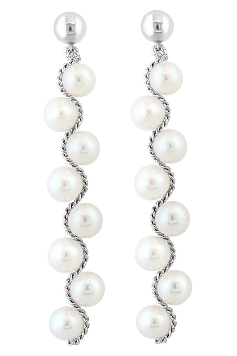 Sterling Silver 5mm Freshwater Pearl Linear Drop Earrings, Main, color, SILVER