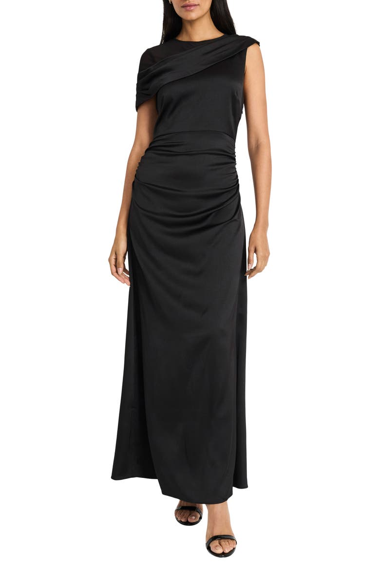Draped Mesh Shoulder Satin Cocktail Dress, Main, color, BLACK
