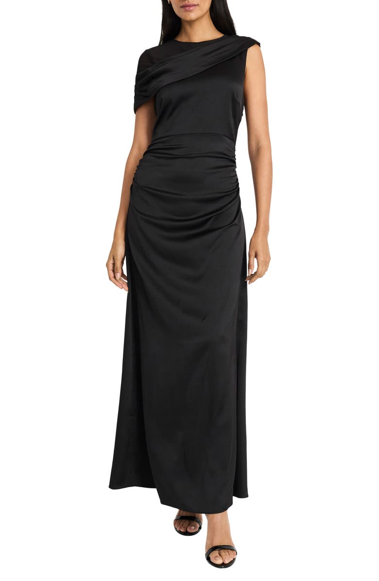 Maggy London Draped Mesh Shoulder Satin Cocktail Dress, Main, color,