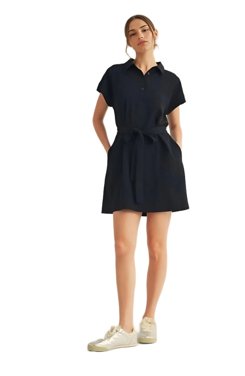 Knit and Lounge Collared Short Sleeve Mini Dress with Waist Tie, Alternate, color, 