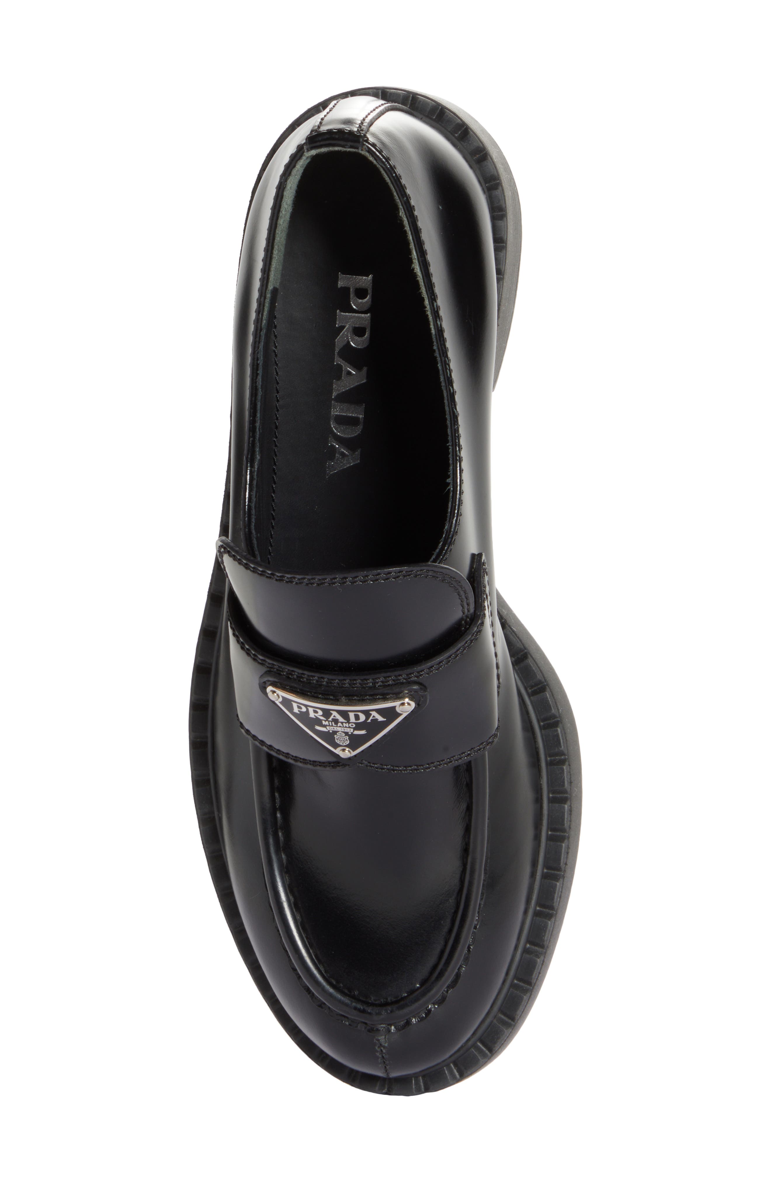 Prada Triangle Logo Patent Leather Loafer, Alternate, color, 