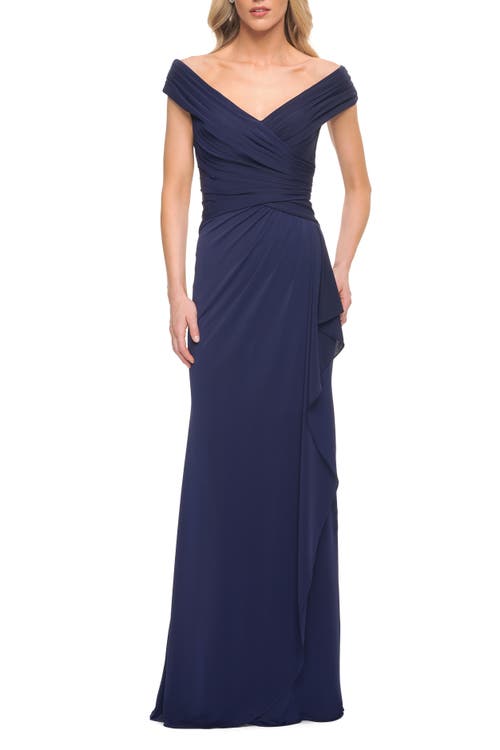 La Femme Long Luxurious Jersey Off The Shoulder Evening Gown In Navy