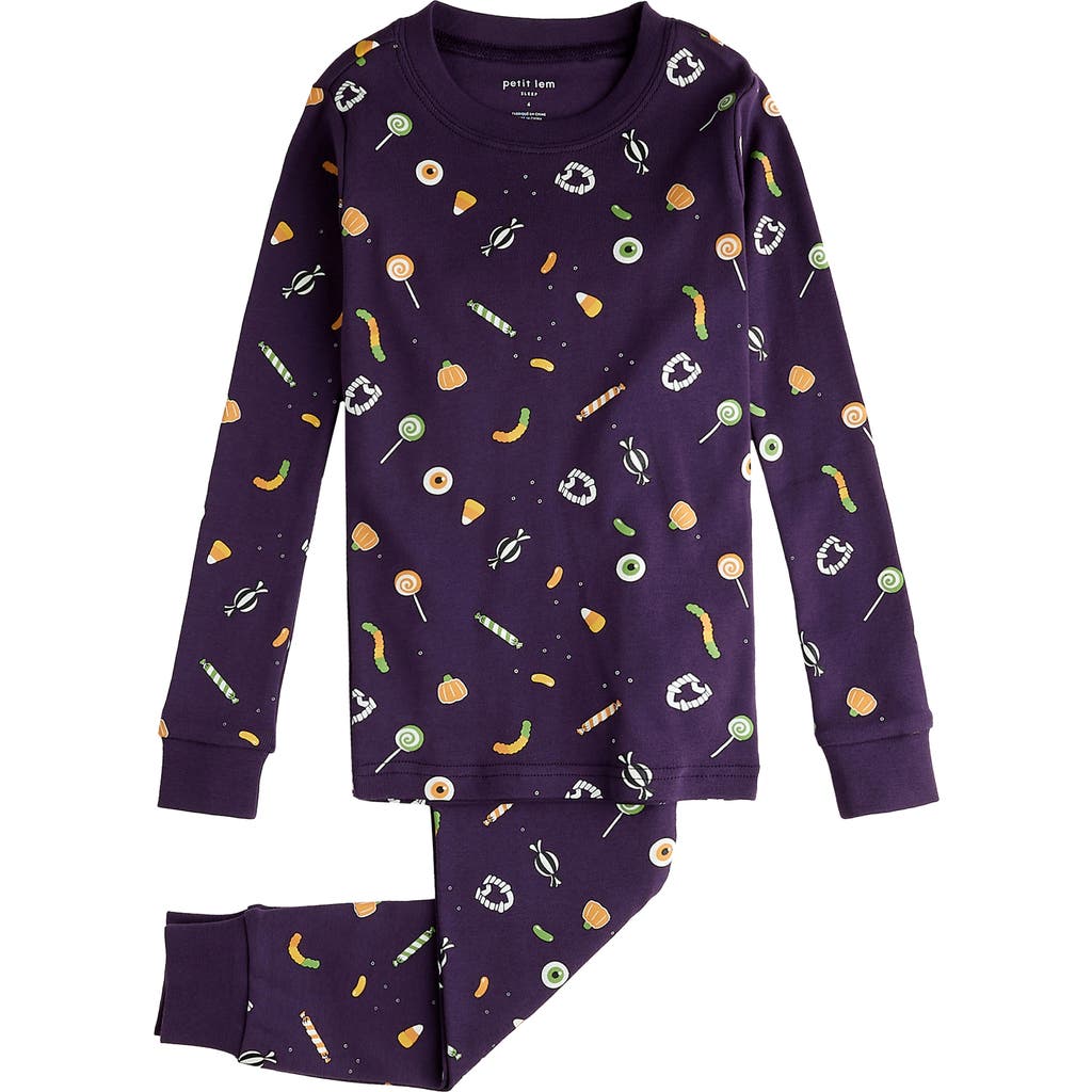 Petit Lem Kids' Trick-or-Treat Print Organic Cotton Fitted Two-Piece Pajamas in Purple Dark