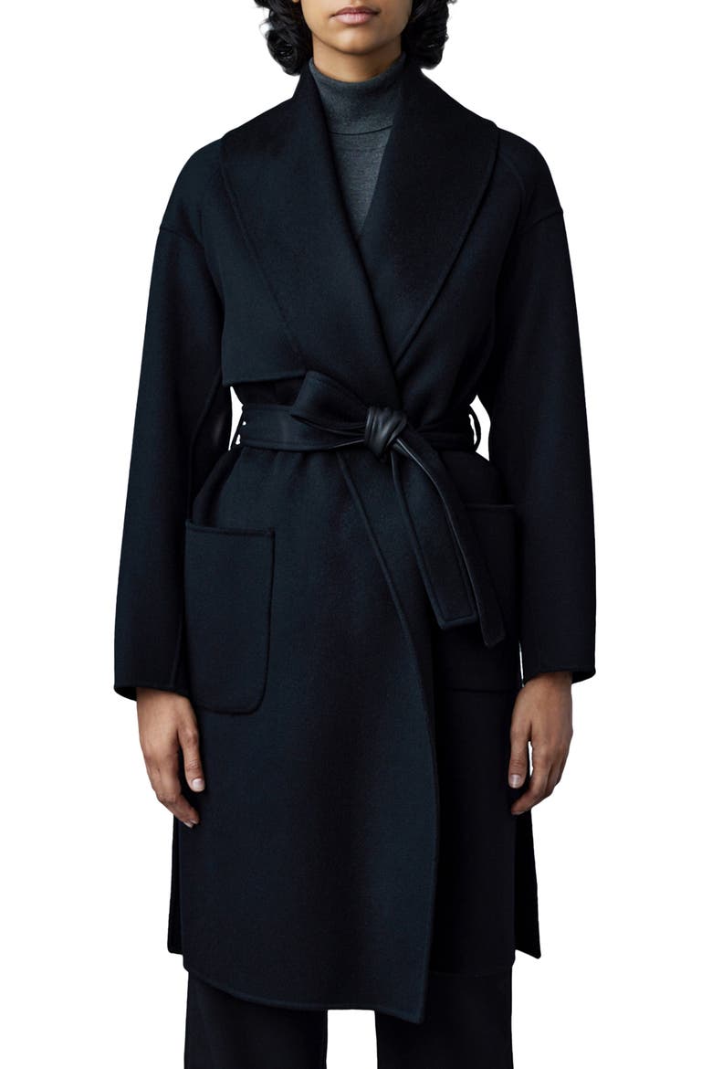 Thalia Double Face Tie Waist Wool Coat, Main, color, BLACK