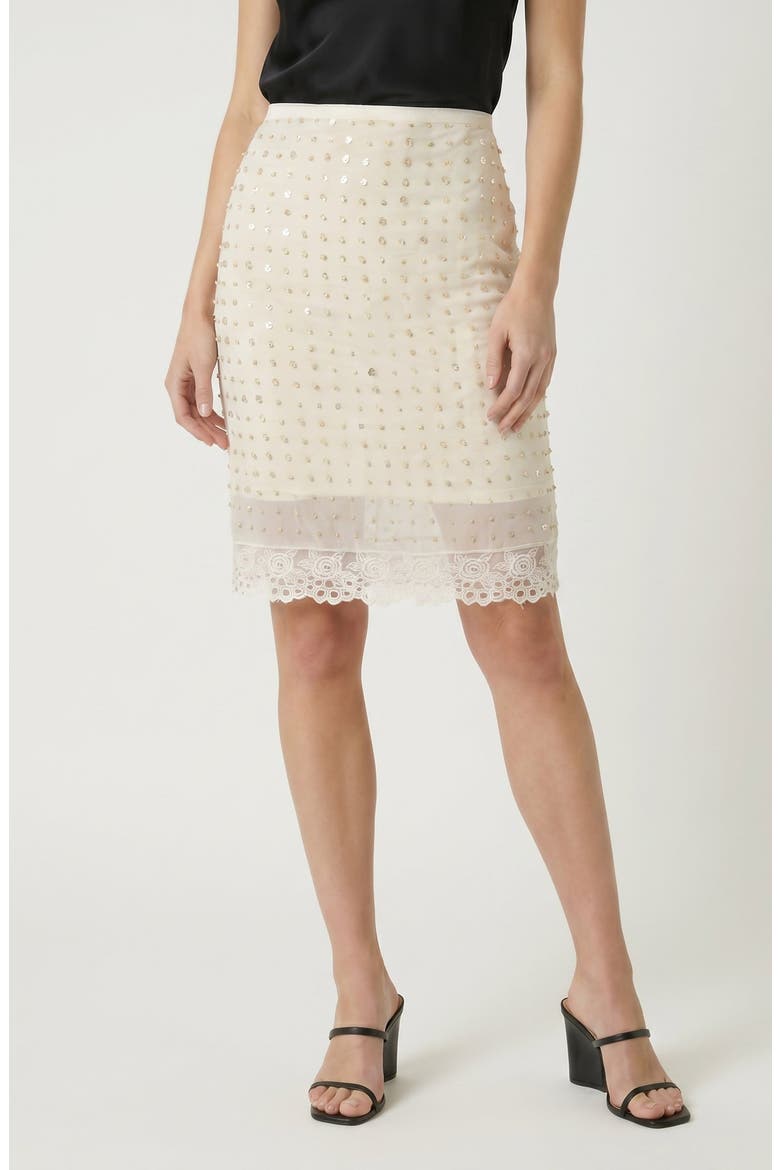 Embellished Sequin Lace Hem Mini Skirt, Alternate, color, Beige