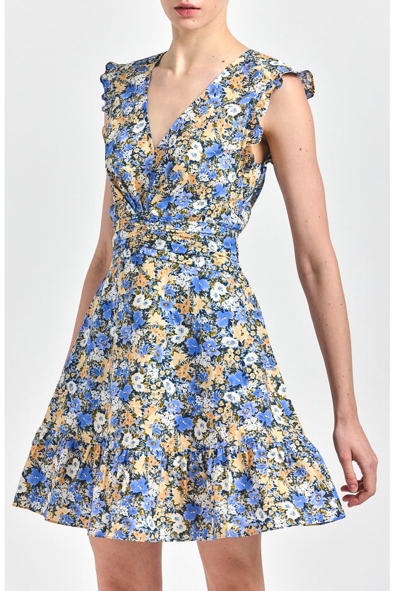 Kris Floral Sleeveless Cotton Minidress, Main, color, BLUE TAN BLOOM