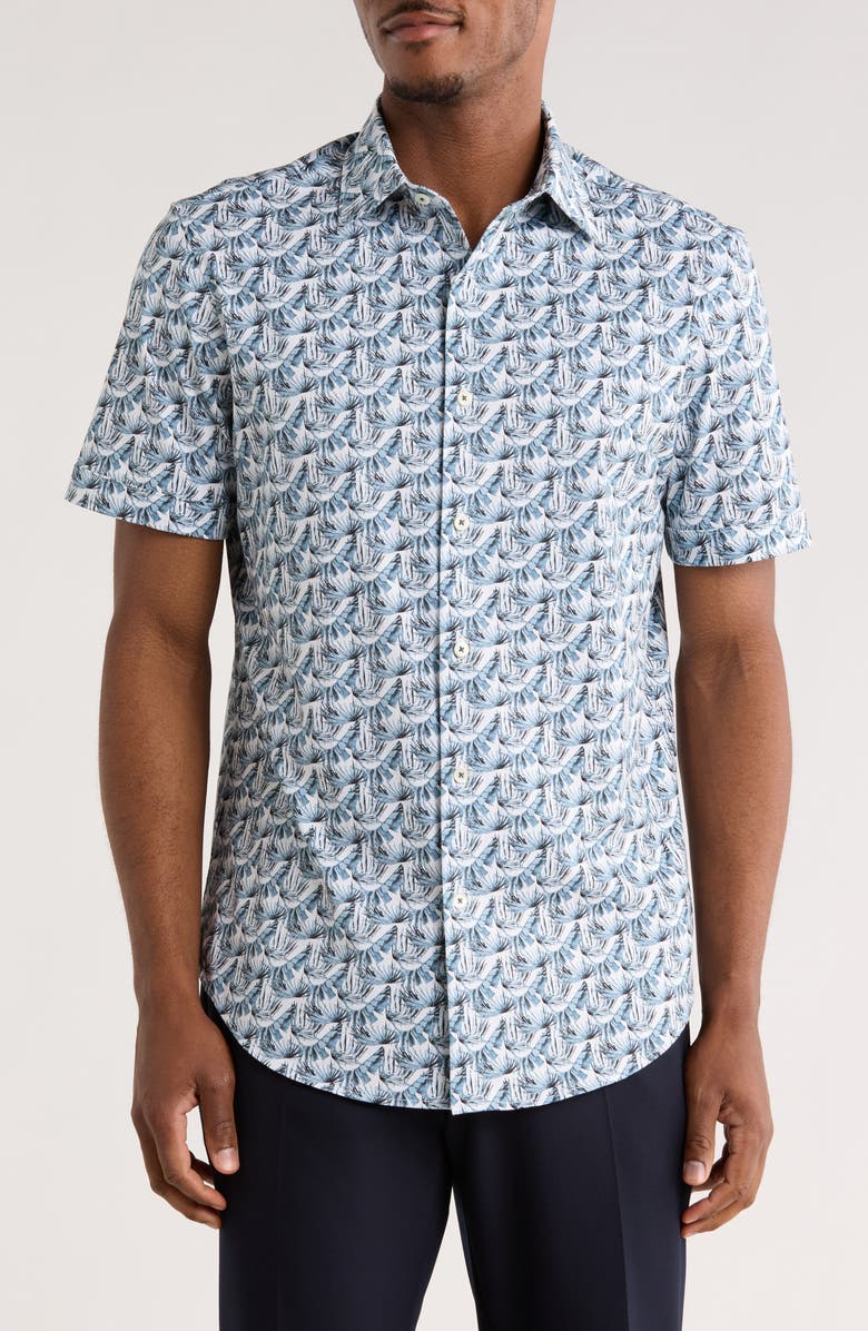 Bugatchi Short Sleeve Woven Button-Up Shirt, Main, color, Dusty Blue